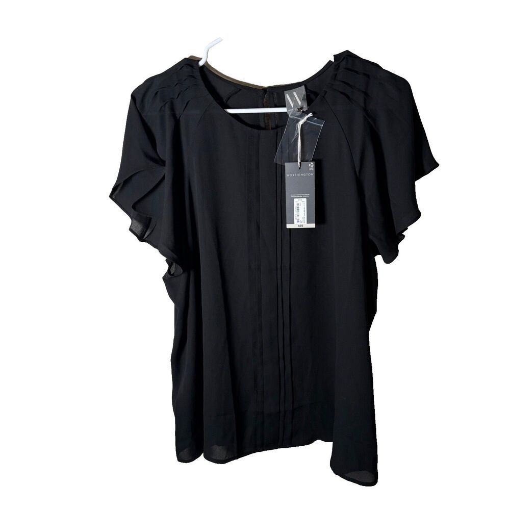 Worthington Blouse Women's Petite XXL Black Short Sleeve Ruffle Pleated Top
